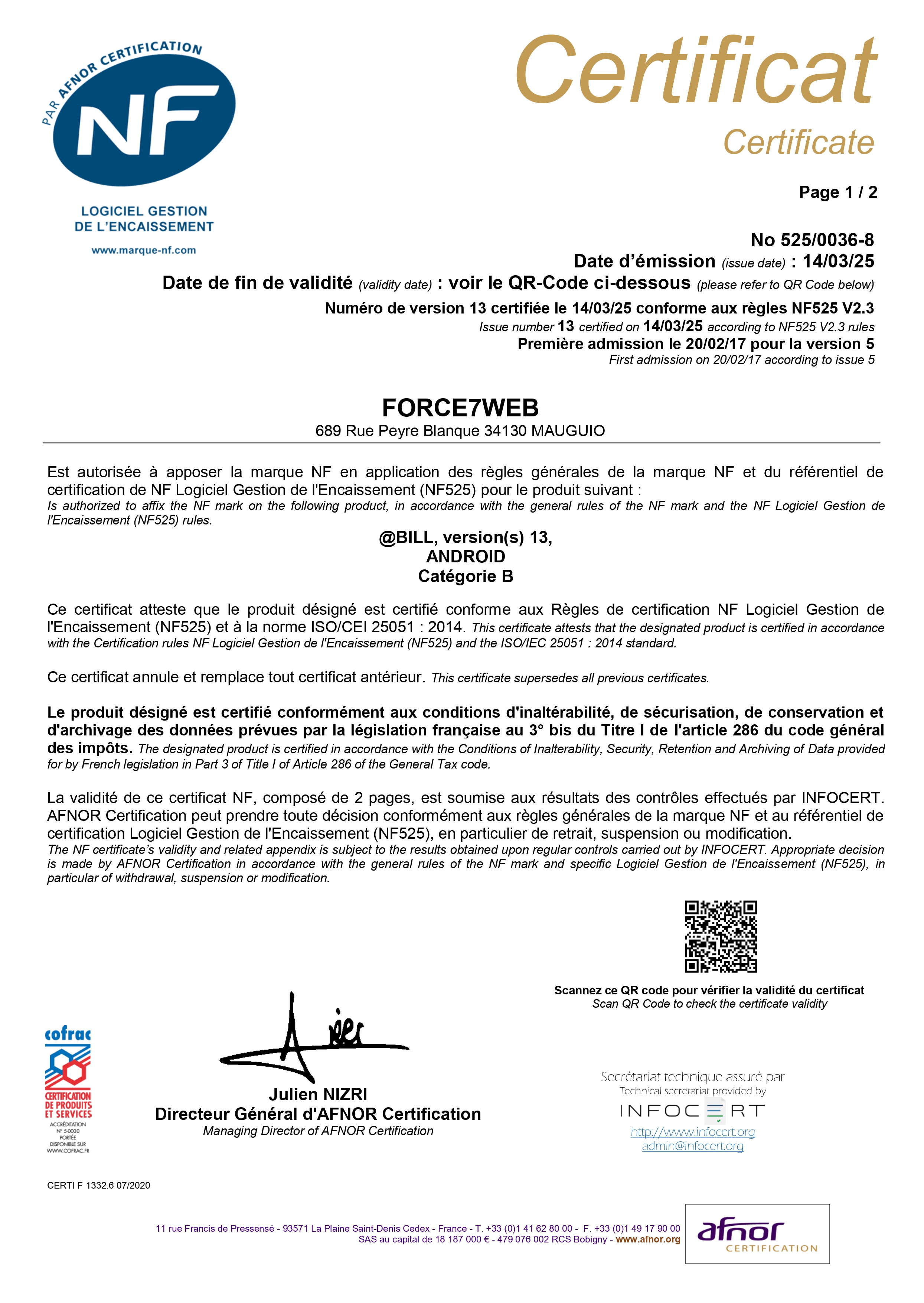 certif nf525Abill